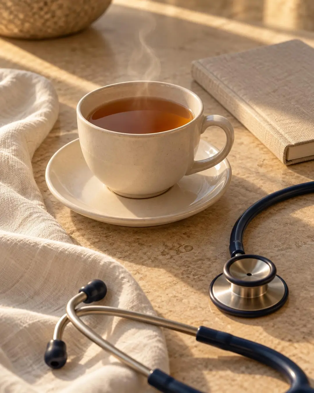 Herbal tea and a stethoscope, menopause care at Family Doctor Group
